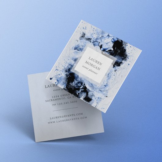 Waterverf Marseille Blauw Abstract Bloemen Vierkante Visitekaartje