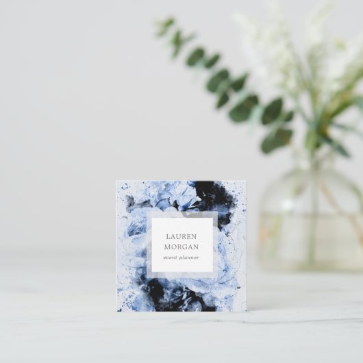 Waterverf Marseille Blauw Abstract Bloemen Vierkante Visitekaartje (Staand voorkant)