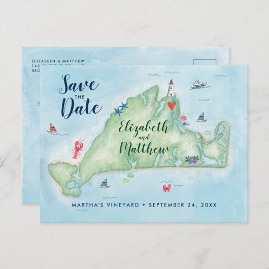 Waterverf Marthas Vineyard Bewaar de datum Briefkaart (Voorkant / Achterkant)
