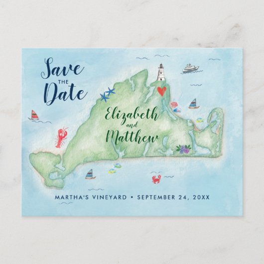 Waterverf Marthas Vineyard Bewaar de datum Briefkaart (Voorkant)