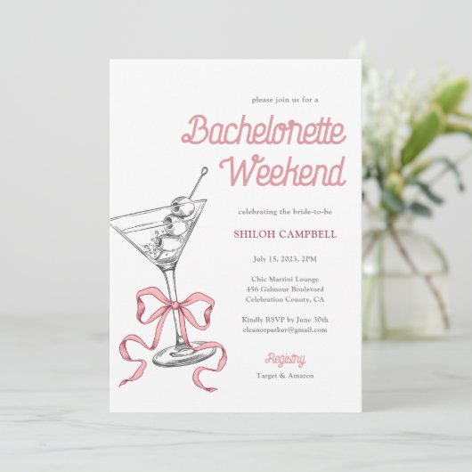 Waterverf Martini roze strik bachelorette weekend Kaart (Staand voorkant)