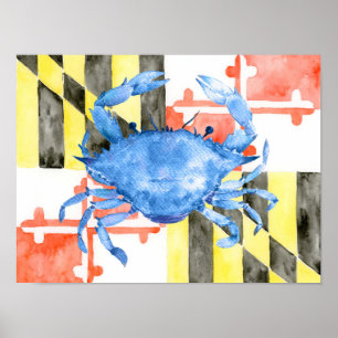 Waterverf Maryland en blauwe krab Poster