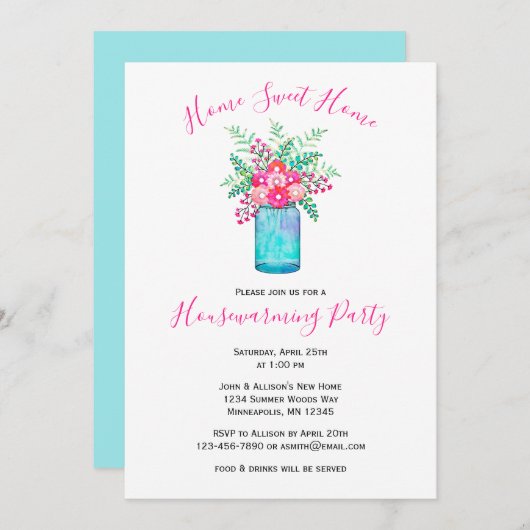 Waterverf Mason Jar Bouquet | Floral Housewarming Kaart (Voorkant / Achterkant)