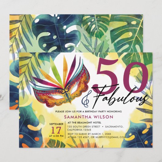 Waterverf Masquerade 50ste verjaardagsfeest Kaart (Voorkant / Achterkant)