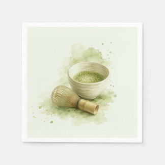 Waterverf Matcha Kom en Bamboe Garde Sage Groen Servet