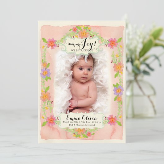 Waterverf Matig Painterly Floral Baby Girl Birth Aankondiging (Staand voorkant)