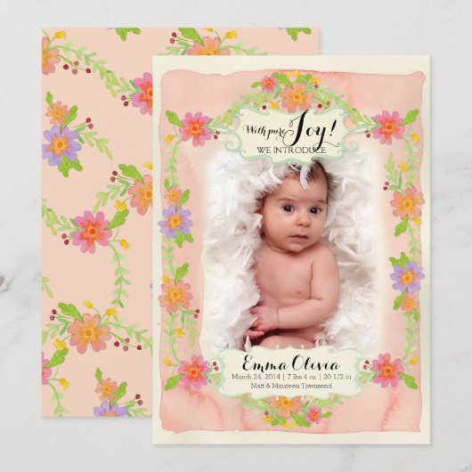 Waterverf Matig Painterly Floral Baby Girl Birth Aankondiging (Voorkant / Achterkant)