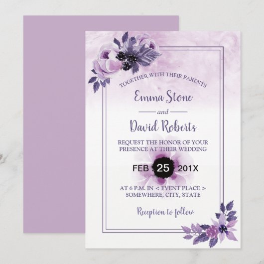 Waterverf Mauve Floral Elegant Spring Wedding Kaart (Voorkant / Achterkant)