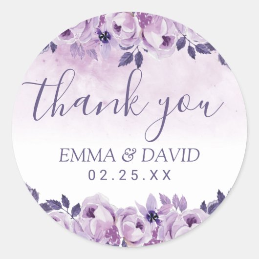 Waterverf Mauve Floral Elegant Wedding Dank u Ronde Sticker (Voorkant)