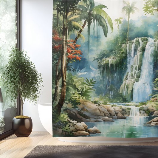 Waterverf Mayan Jungle Waterval Douchegordijn