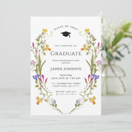 Waterverf Meadow Wildflower Boho Graduation Party Kaart (Staand voorkant)