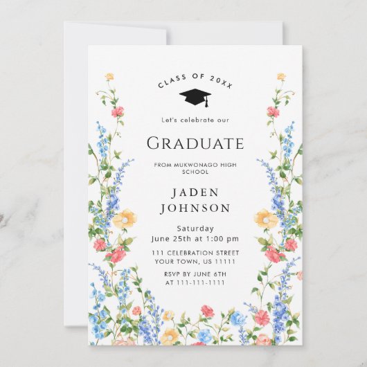 Waterverf Meadow Wildflower Boho Graduation Party Kaart (Voorkant)