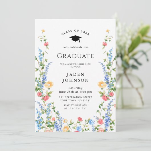 Waterverf Meadow Wildflower Boho Graduation Party Kaart (Staand voorkant)