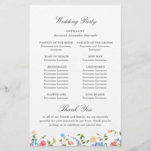Waterverf Meadow Wildflower Boho Wedding Program (Achterkant)