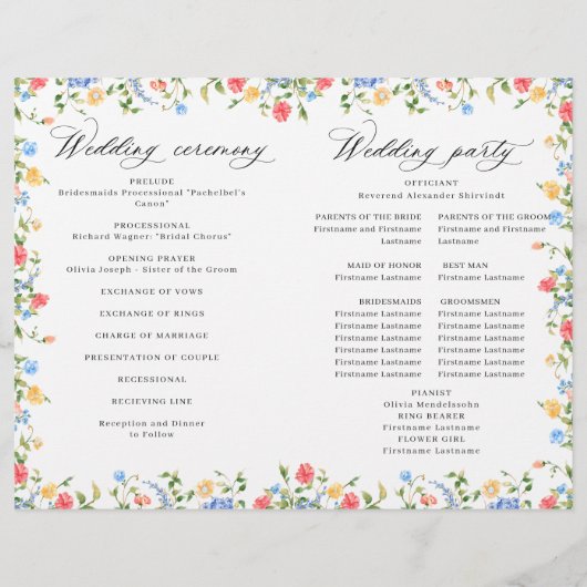 Waterverf Meadow Wildflower Boho Wedding Program (Achterkant)