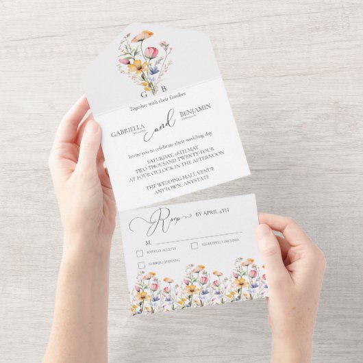 Waterverf Meadow Wildflower Eenvoudige bruiloft All In One Uitnodiging (Afscheurbaar)