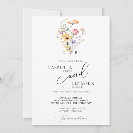 Waterverf Meadow Wildflower Eenvoudige bruiloft Kaart (Voorkant)