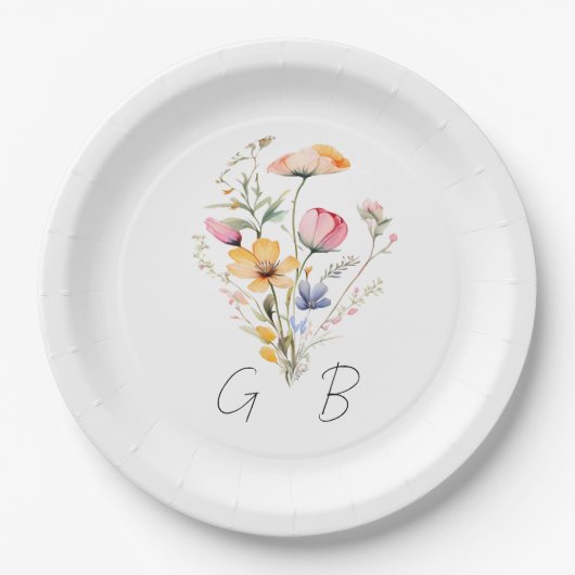 Waterverf Meadow Wildflower Monogram Bruiloft Papieren Bordje (Voorkant)