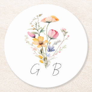 Waterverf Meadow Wildflower Monogram Bruiloft Ronde Kartonnen Onderzetter