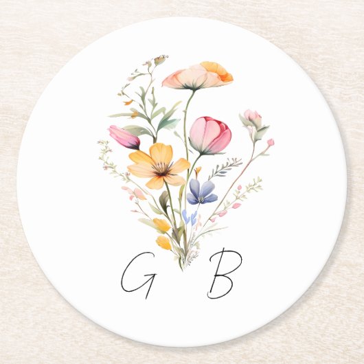 Waterverf Meadow Wildflower Monogram Bruiloft Ronde Kartonnen Onderzetter (Voorkant)