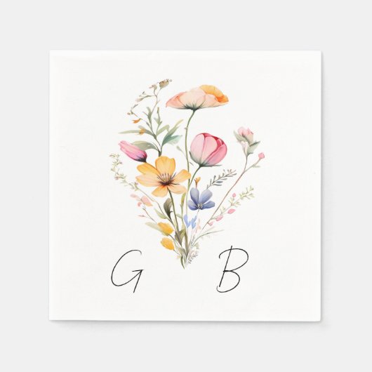 Waterverf Meadow Wildflower Monogram Bruiloft Servet (Voorkant)