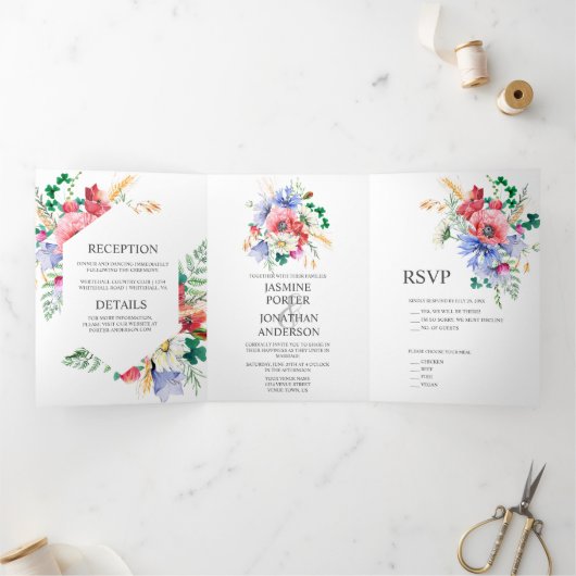 Waterverf Meadow Wildflower Wedding | Drieluik Uitnodiging (Binnen)