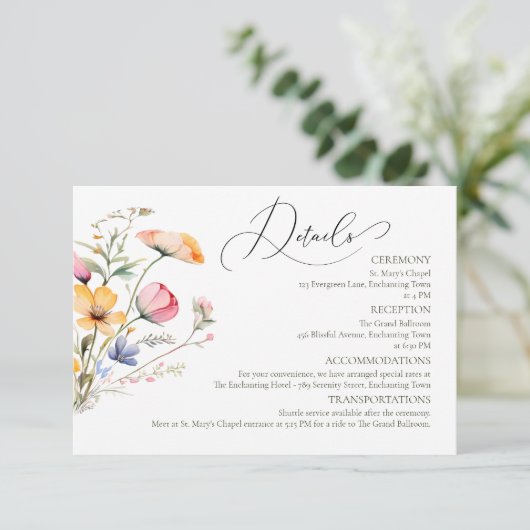 Waterverf Meadow Wildflowers Bruiloft Details Informatiekaartje (Staand voorkant)