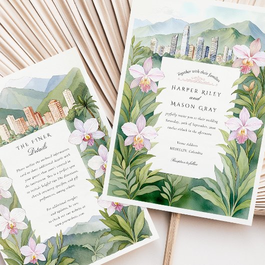 Waterverf Medellín Colombia Orchideeën Huwelijk Kaart