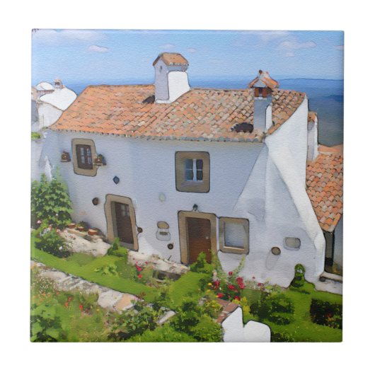 Waterverf mediterraan huis tegeltje (Voorkant)