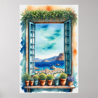 Waterverf Mediterraan Raamuitzicht Kuststad Poster