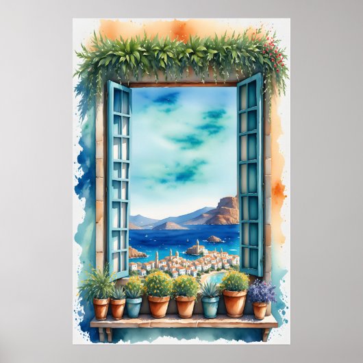 Waterverf Mediterraan Raamuitzicht Kuststad Poster (Voorkant)