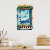 Waterverf Mediterraan Raamuitzicht Kuststad Poster (Keuken)