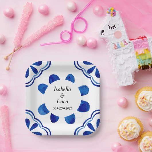 Waterverf mediterrane blauwe Tegel, geverfd Papieren Bordje (Feest)