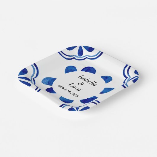 Waterverf mediterrane blauwe Tegel, geverfd Papieren Bordje (Gebogen)