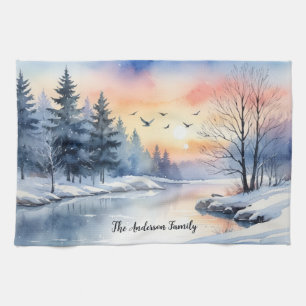 Waterverf Meer Zonsopgang Winter Sneeuw Scene Theedoek