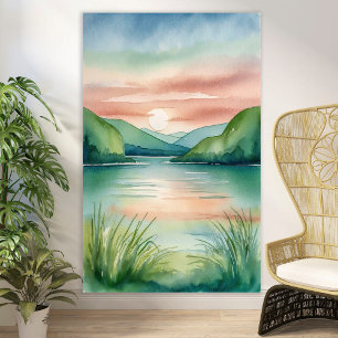 Waterverf meervlucht met bergen en zonsondergang poster