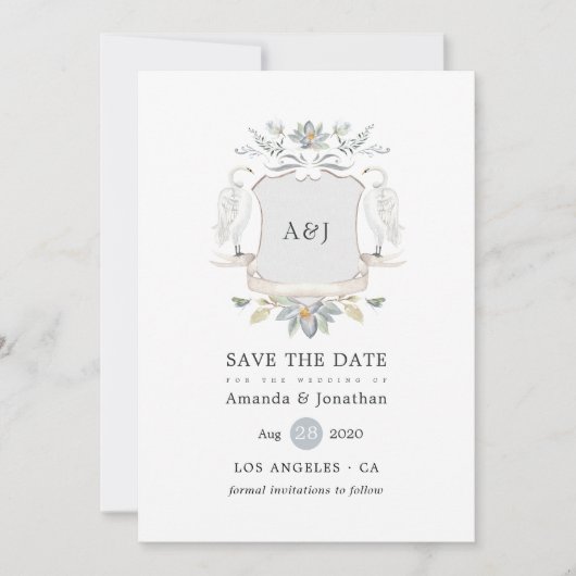 Waterverf Meerzijde Trouw Monogram Wapen Save The Date (Voorkant)