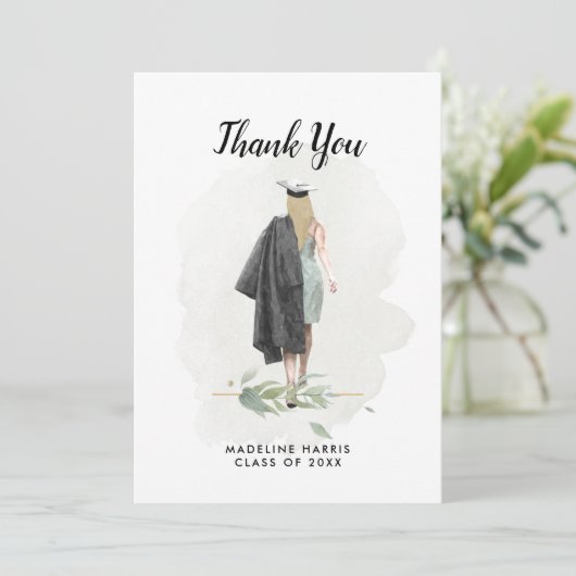 Waterverf Meisje Groen Custom Foto Afstuderen Bedankkaart (Staand voorkant)