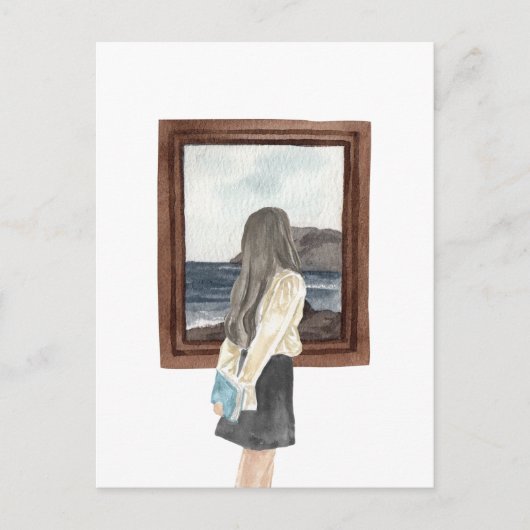 Waterverf meisje kijkt naar oceaan briefkaart (Voorkant)