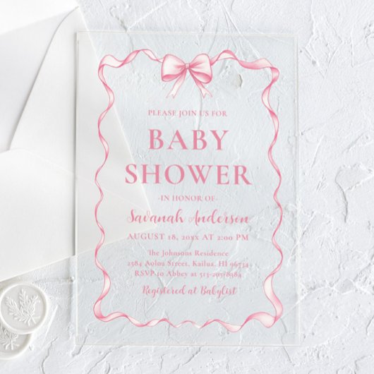 Waterverf Meisje Lint Blush Roze Bow Baby shower Acryl Uitnodigingen