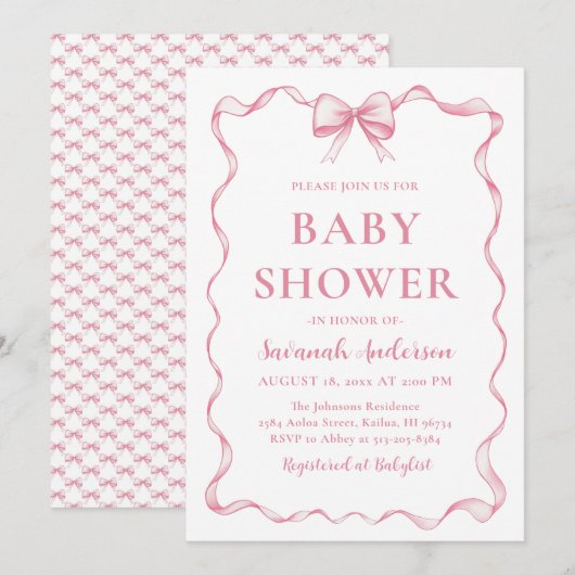 Waterverf Meisje Lint Blush Roze Bow Baby shower Kaart (Voorkant / Achterkant)