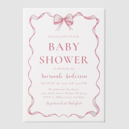 Waterverf Meisje Lint Blush Roze Bow Baby shower Vellum Uitnodigingen (Voorkant)