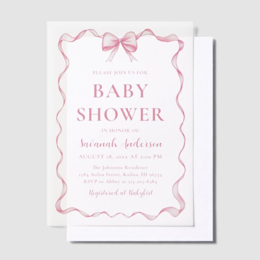 Waterverf Meisje Lint Blush Roze Bow Baby shower Vellum Uitnodigingen (Offset)
