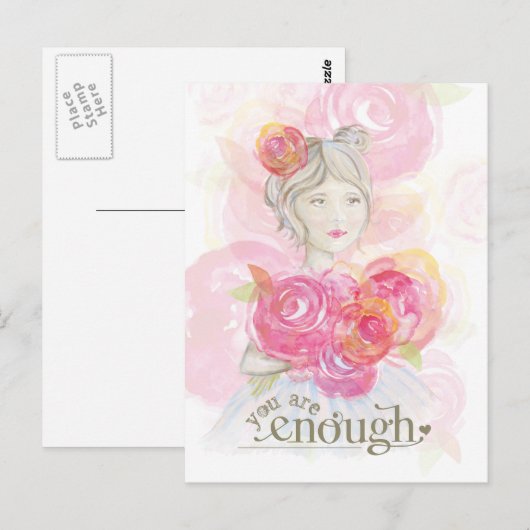 Waterverf meisje met bloemetjes _ You Are Enough Briefkaart (Voorkant / Achterkant)