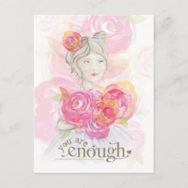 Waterverf meisje met bloemetjes _ You Are Enough Briefkaart