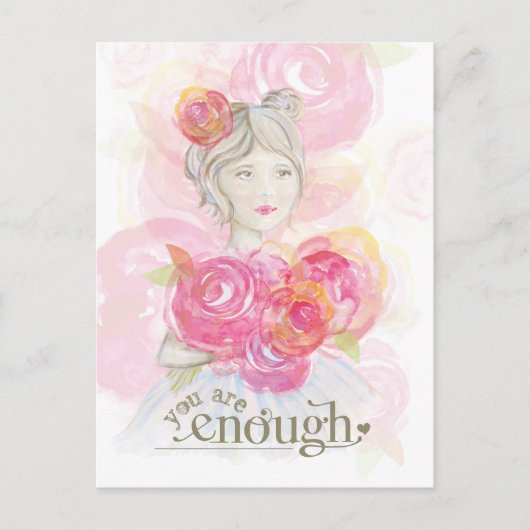 Waterverf meisje met bloemetjes _ You Are Enough Briefkaart (Voorkant)