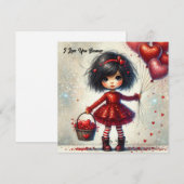 Waterverf meisje met rode glitter harten feestdagenkaart (Voorkant / Achterkant)