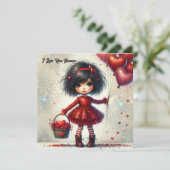 Waterverf meisje met rode glitter harten feestdagenkaart (Staand voorkant)