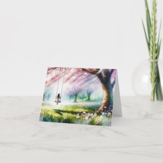 Waterverf meisje op een schommel feestdagen kaart (Voorkant)