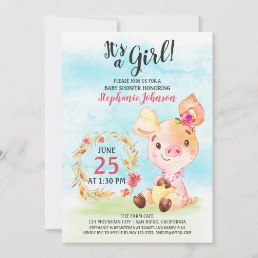 Waterverf Meisje Piggy Baby shower Boerderij Invit Kaart (Voorkant)
